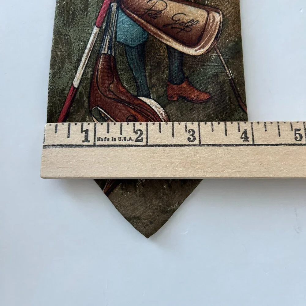 Polo By Ralph Lauren Golf Scene Neck Tie Gold Multicolor Silk Hand Made USA VTG
